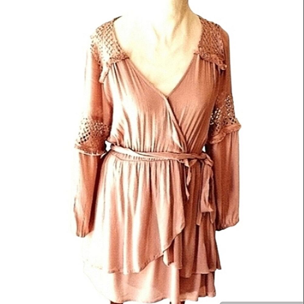 Vestique Bohemian Mini Dress Crinkle Gauze Sz S Tiered Taupe Boho Beach Layered